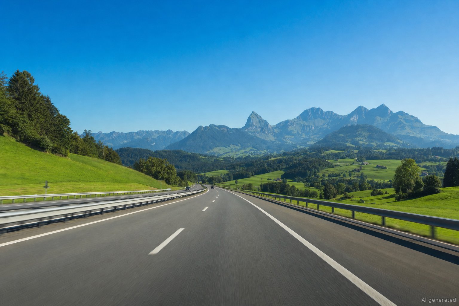 Autobahn durch eine Landschaft in der Schweiz