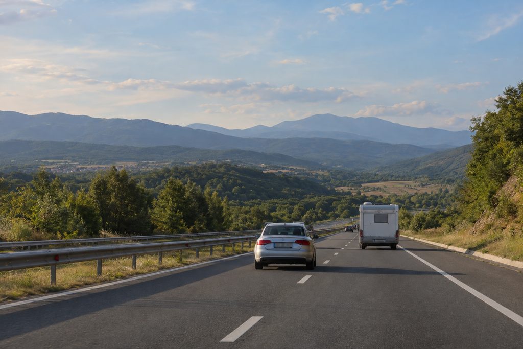 Cestarina u Bugarskoj: autocesta s osobnim automobilom i kamperom ispred brežuljaka i planina, na kojoj vrijedi digitalna vinjeta