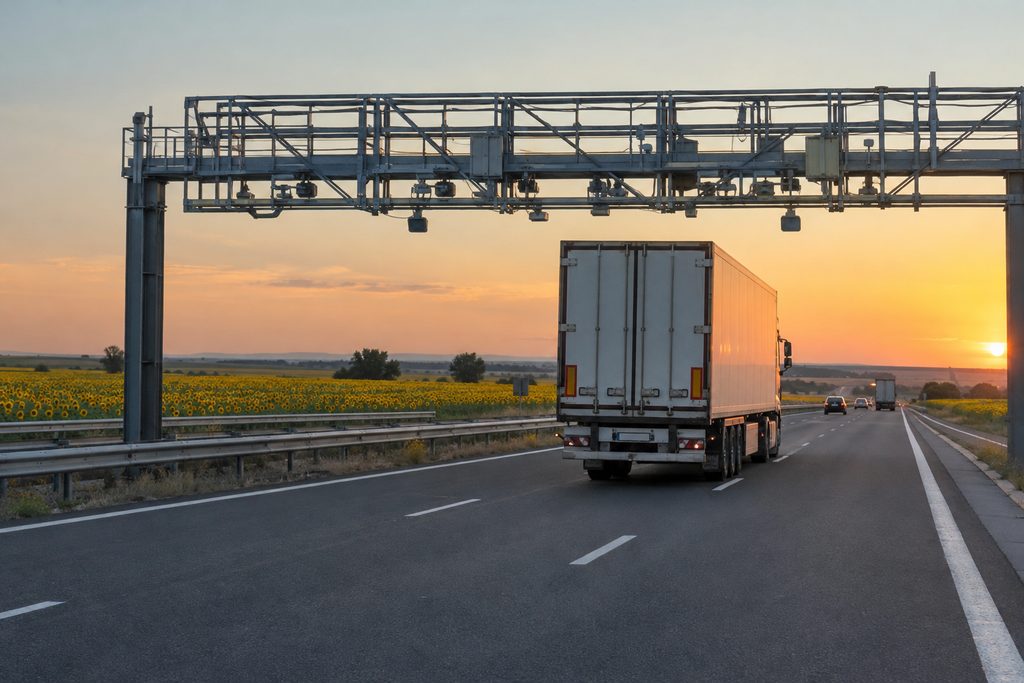 Kamion vozi bugarskom autocestom ispod naplatnog portala s kamerama, a pokraj ceste cvjetaju polja suncokreta