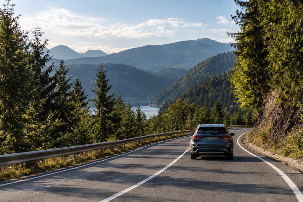 Auto che percorre una strada nazionale attraverso i Carpazi in Romania
