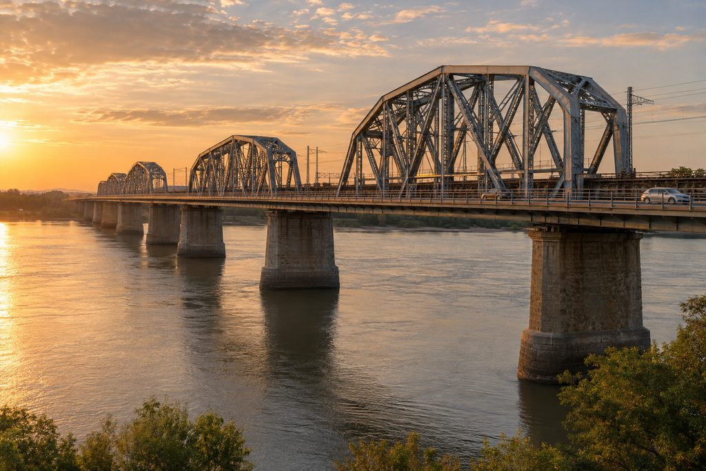 Ponte in acciaio sul Danubio in Romania alla luce del sole al tramonto