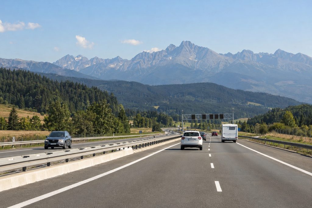Snelweg in Slowakije met personenauto en camper voor de Hoge Tatra