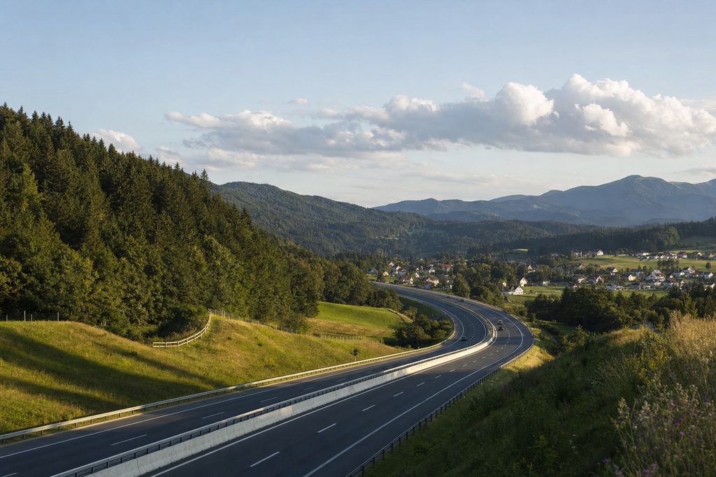 Autocesta u Sloveniji koja vijuga kroz šumoviti planinski krajolik