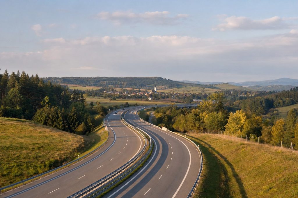Autocesta u Češkoj koja vijuga kroz brežuljkasti krajolik