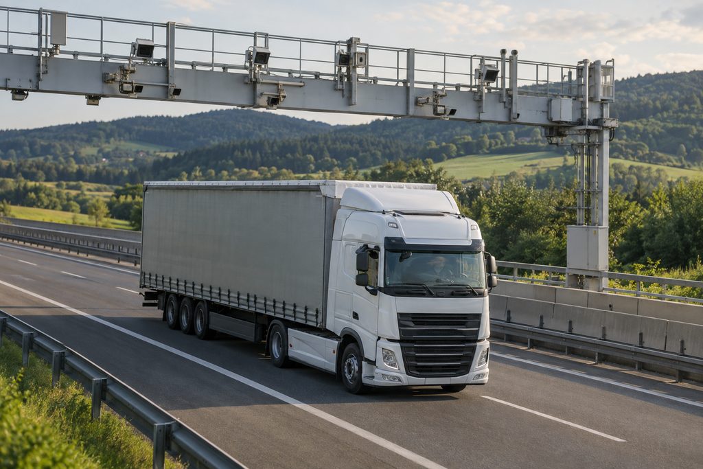 Kamion vozi češkom autocestom ispod naplatnog portala s kamerama