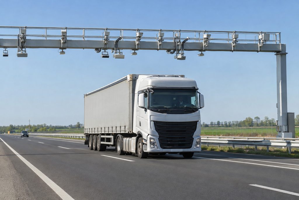Camion roulant sur une autoroute hongroise sous un portique de péage équipé de caméras
