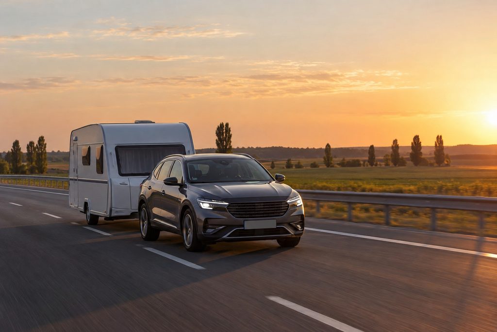 Voiture avec caravane sur une autoroute hongroise au coucher du soleil