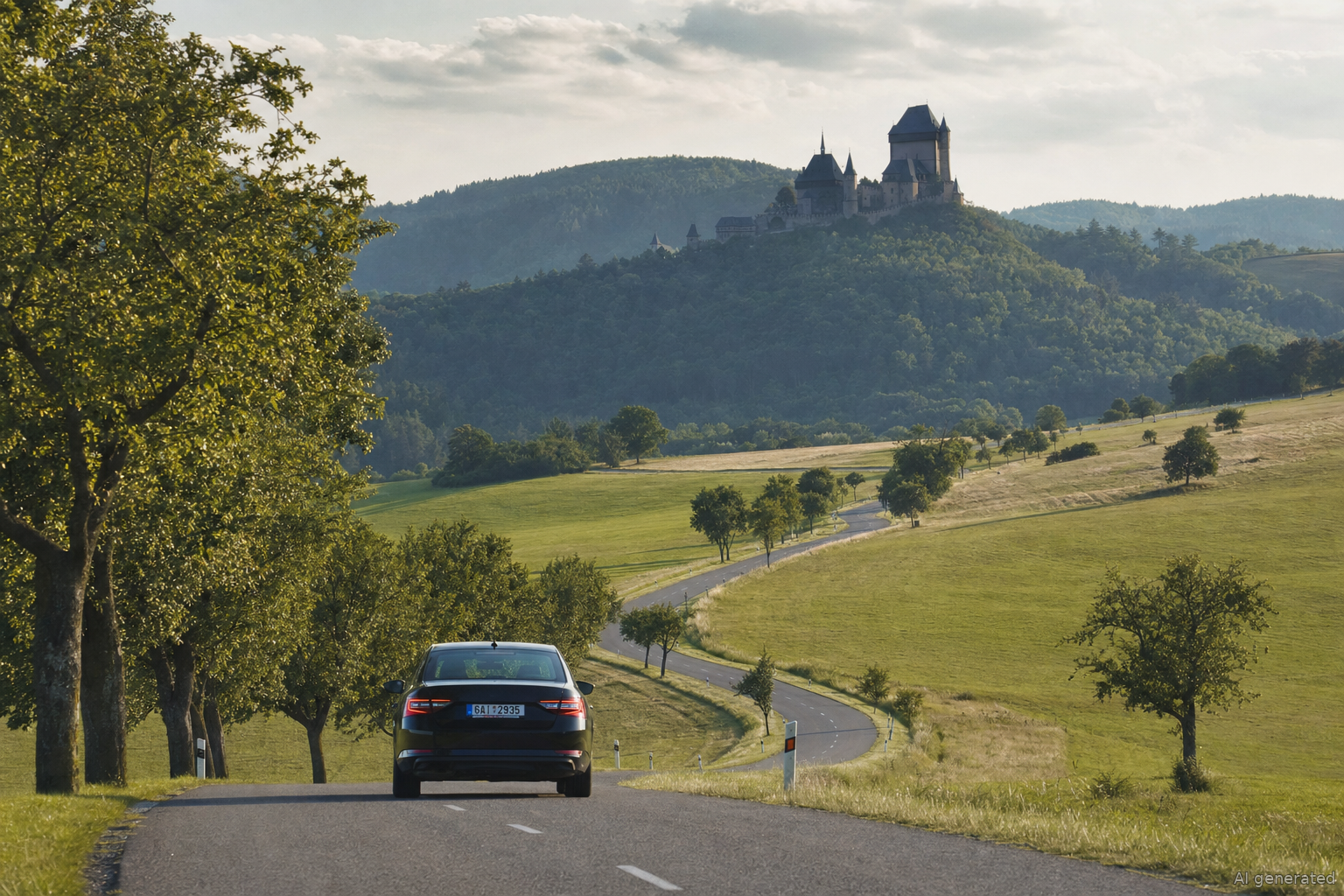 Road trip by car through the Czech landscape with a castle in the background