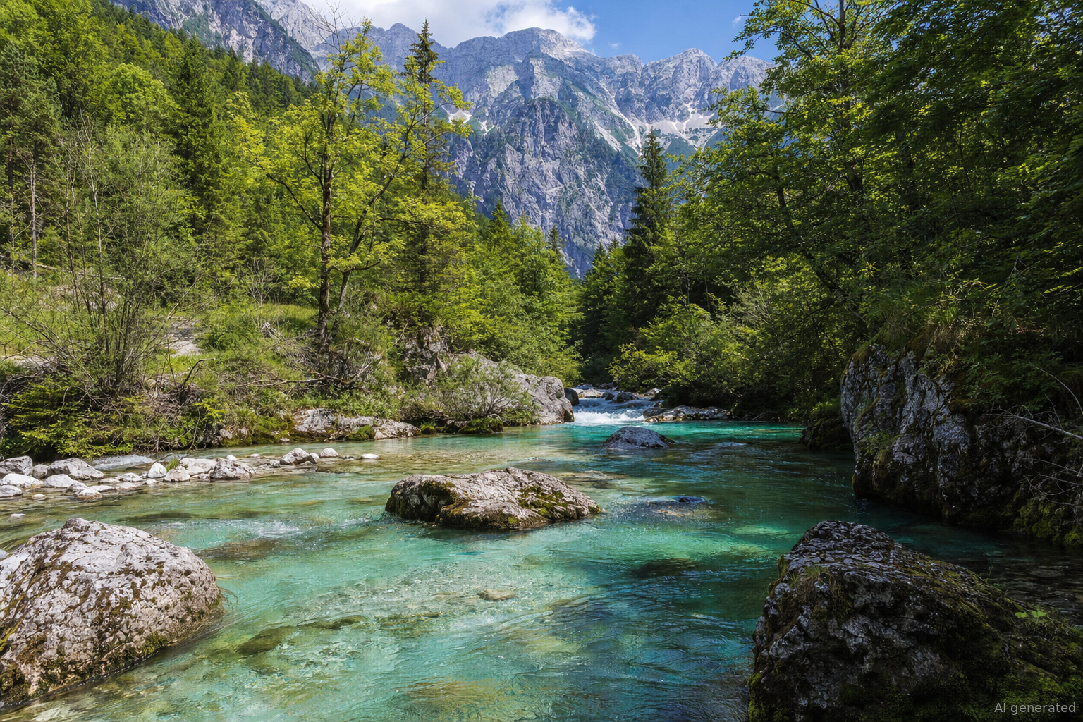 Türkisfarbener Gebirgsfluss Kamniška Bistrica im Wald