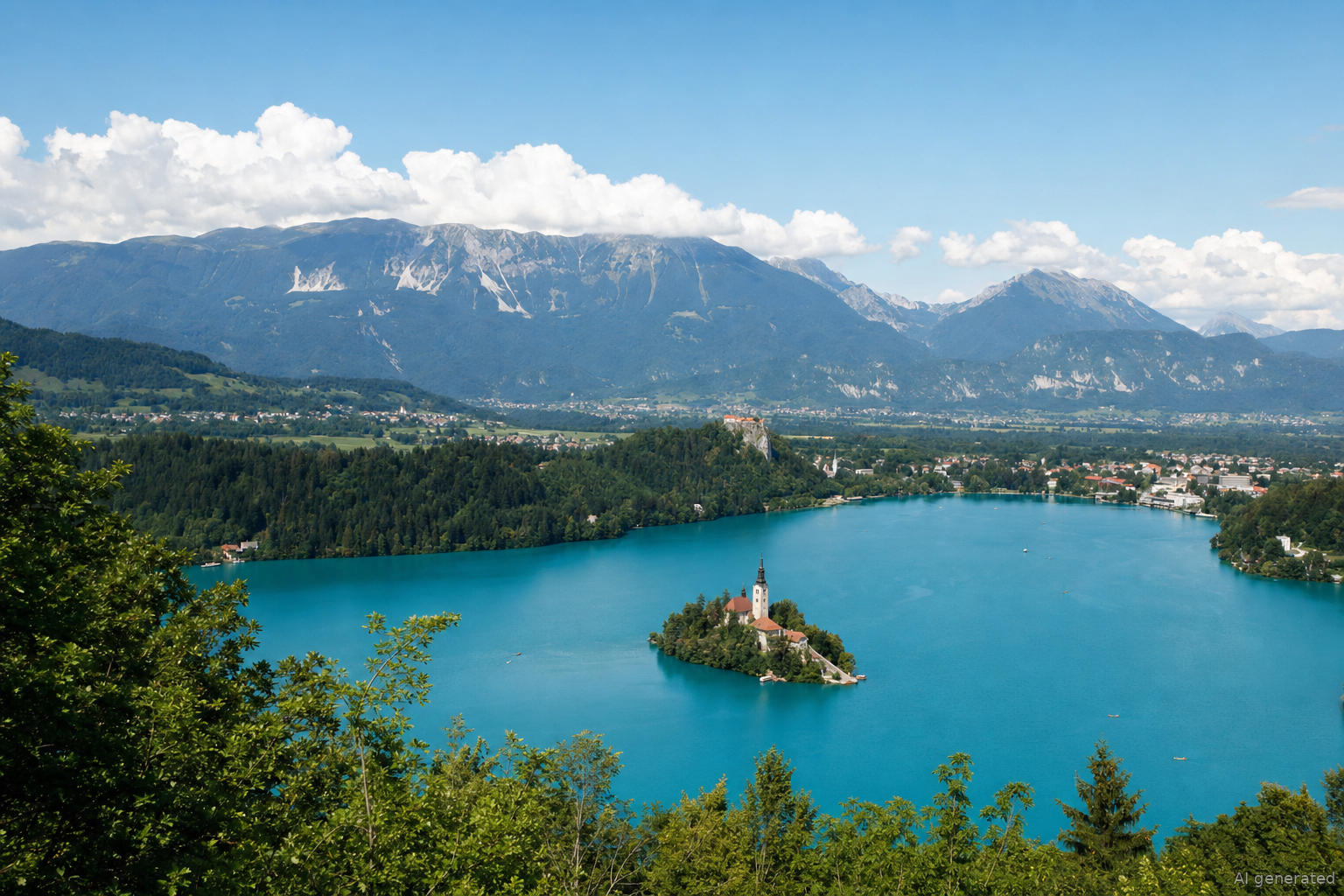 Uitzicht op het Bled-meer met eiland en Bled-kasteel