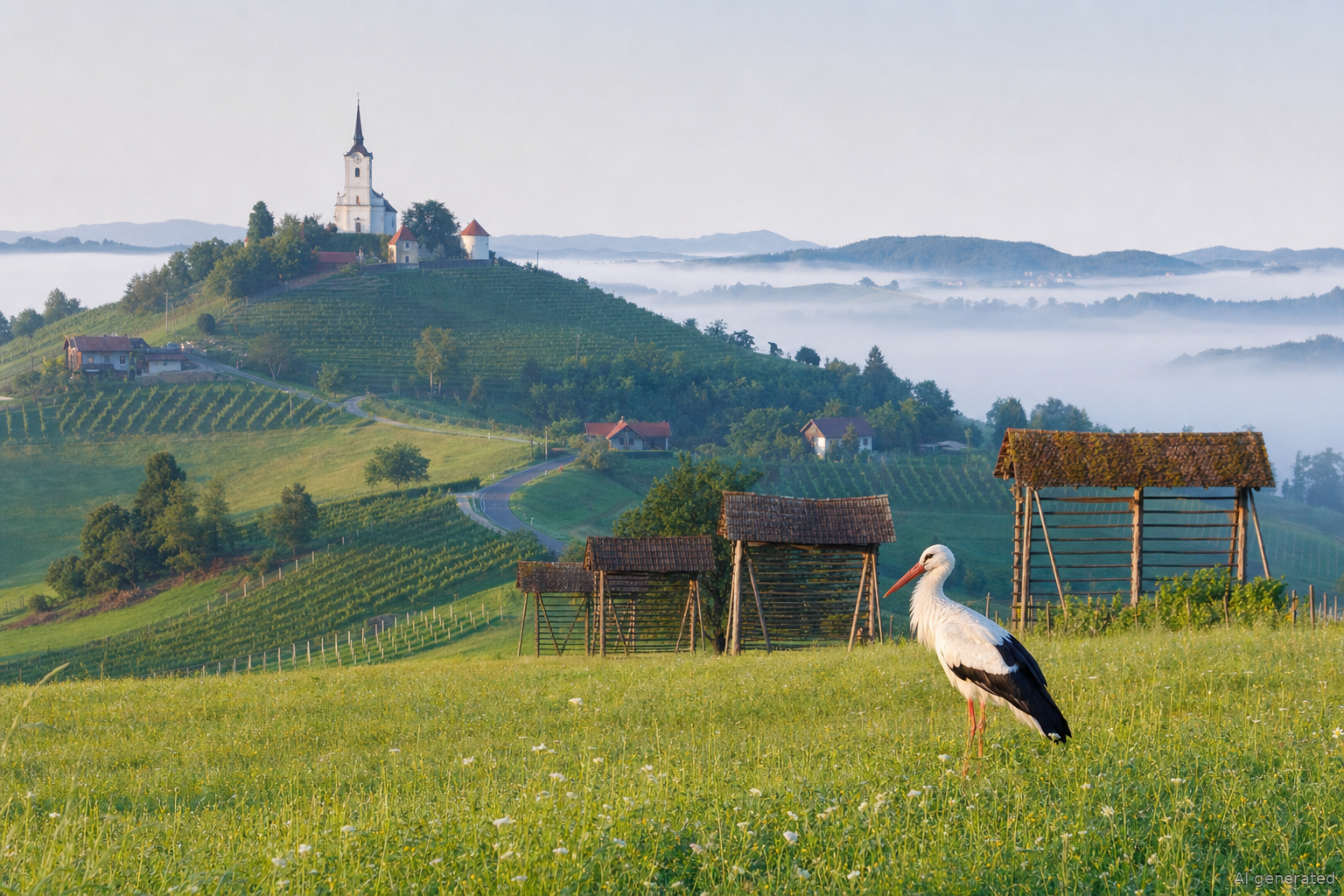 Wijnheuvel met kerk en ooievaar in het natuurpark Goričko