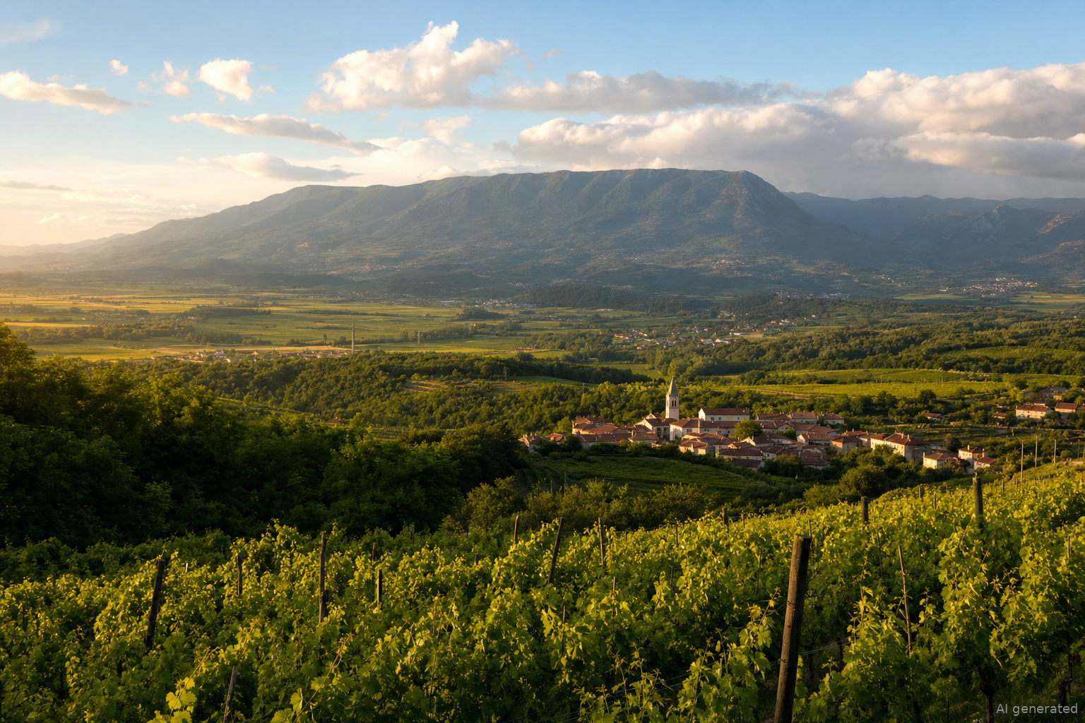 Vingårdar och by i Vipava-dalen i karst- och vinregionen