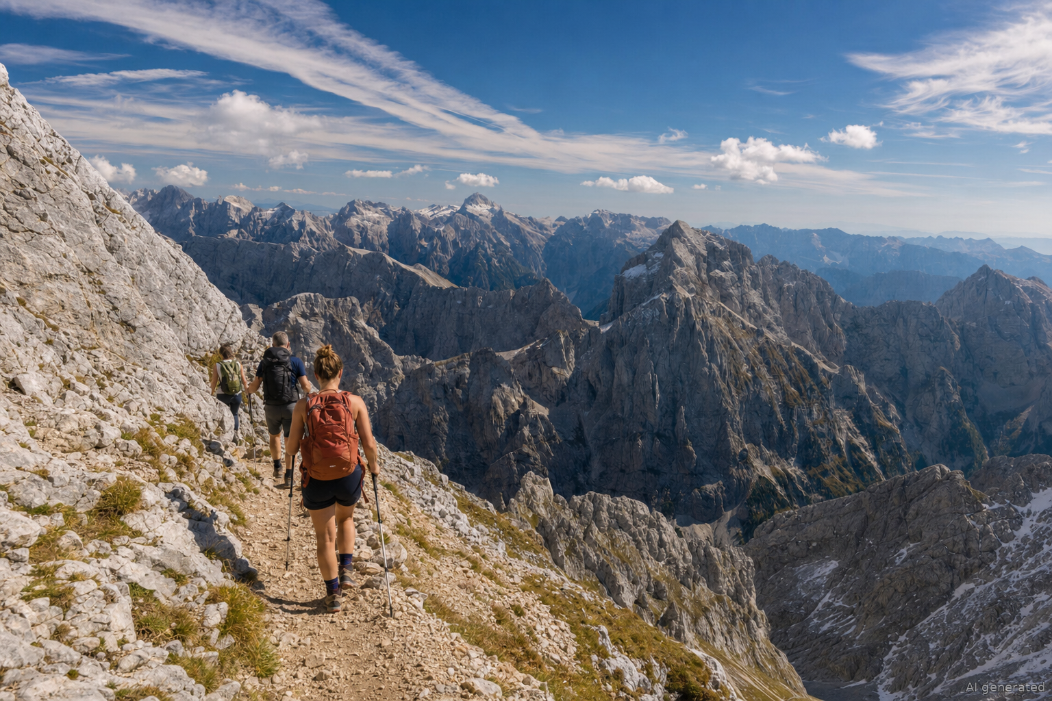 Vandrare på en bergsstig i Julianska alperna i Slovenien