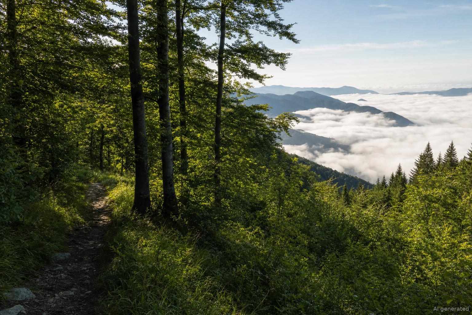 Vandringsled genom skogen i Pohorje-bergen