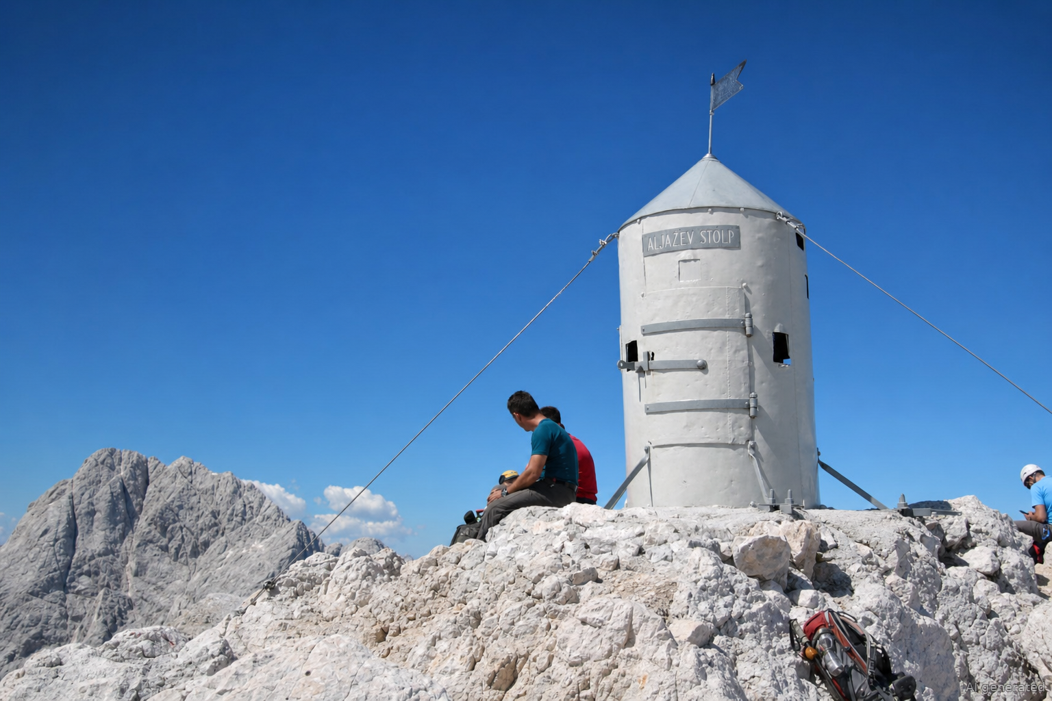 Aljažev stolp på toppen av Triglav i Triglav nationalpark